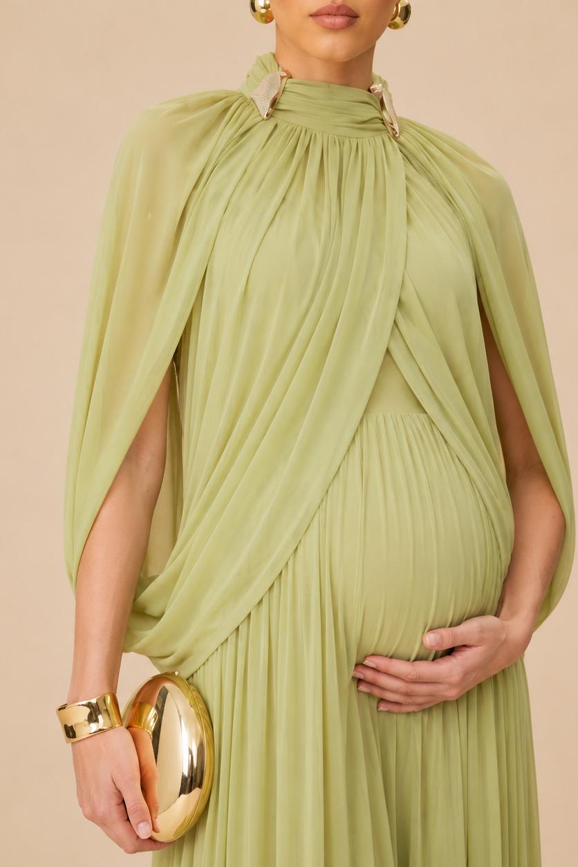 Maternity Maxi Dress with Pleated Skirt and Cape Sleeves-Jivoca