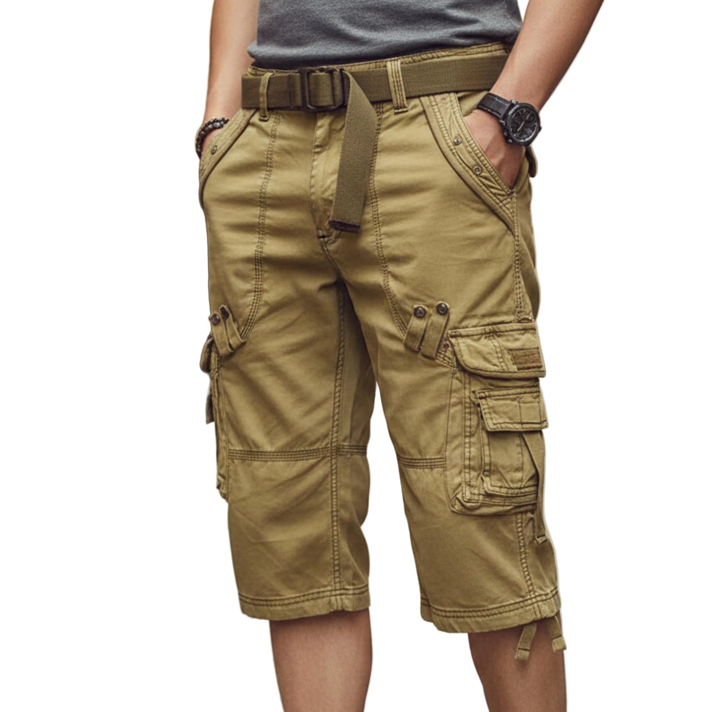 Men's Cargo Shorts Knee Length With Detachable Belt And Multiple Pockets-Jivoca