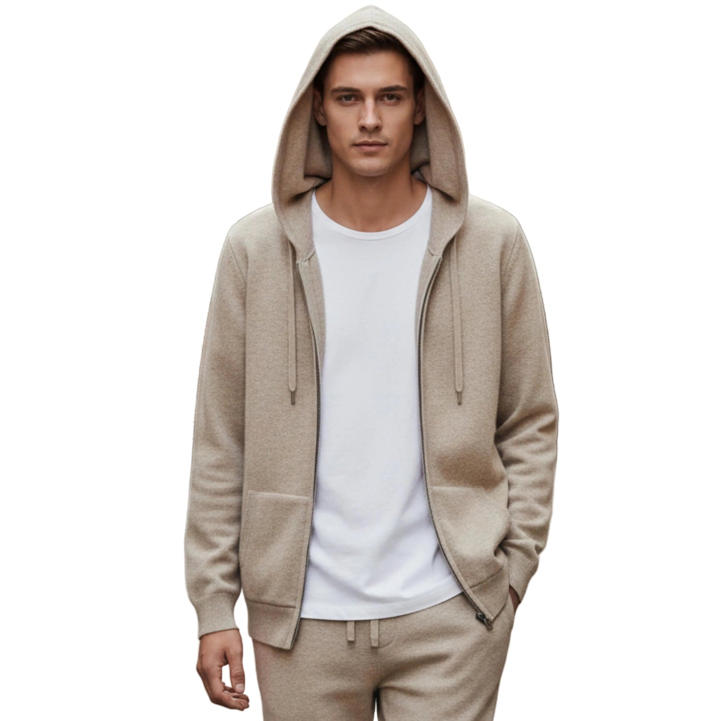 Men's Zip Up Hoodie Jacket With Attached Hood And Ribbed Cuffs-Jivoca