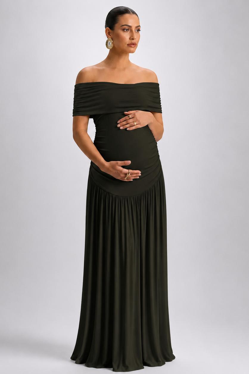 Off-Shoulder Maternity Maxi Dress with A-Line Skirt-Jivoca