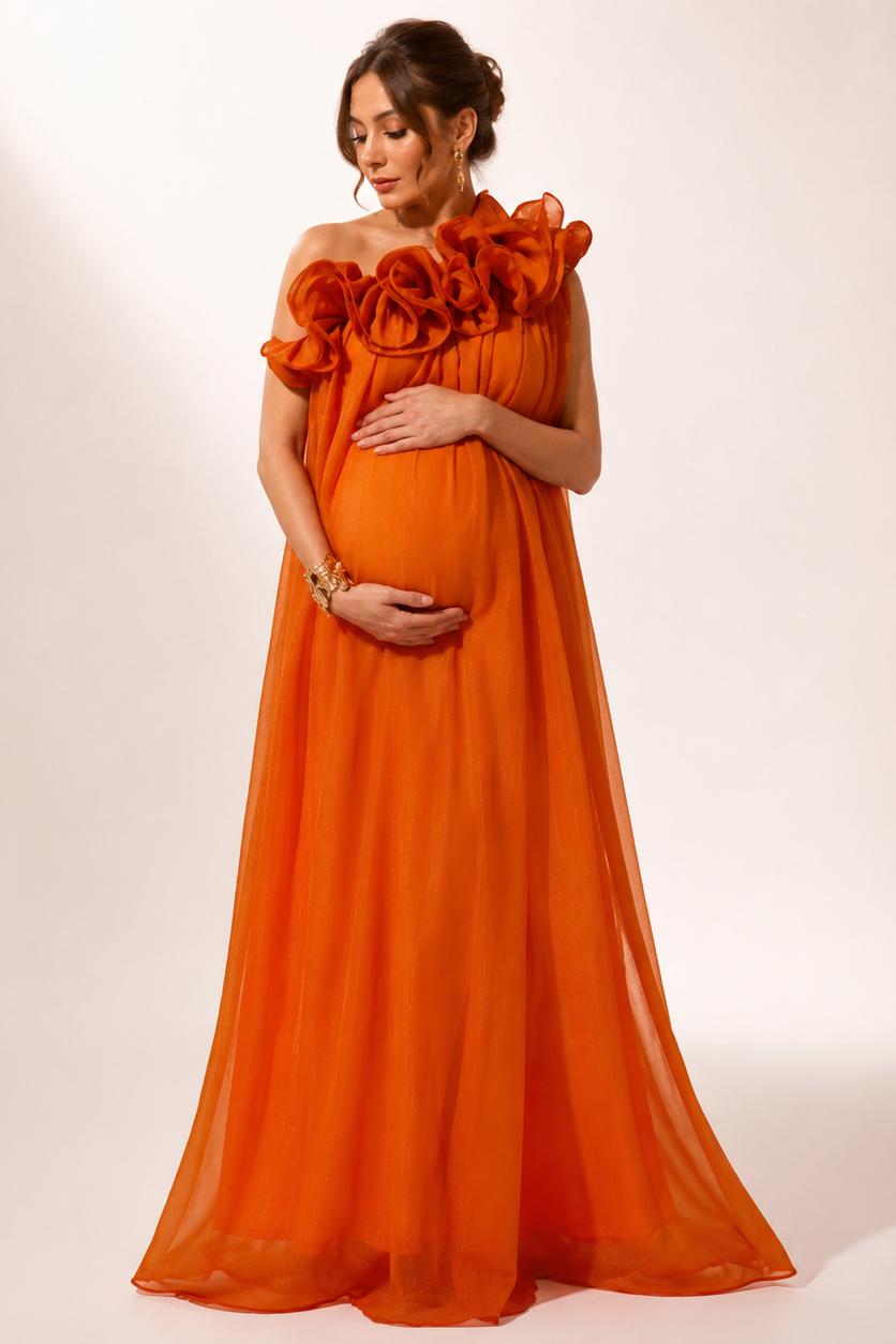 Orange Maternity Maxi Dress with One Shoulder Ruffle Detail-Jivoca