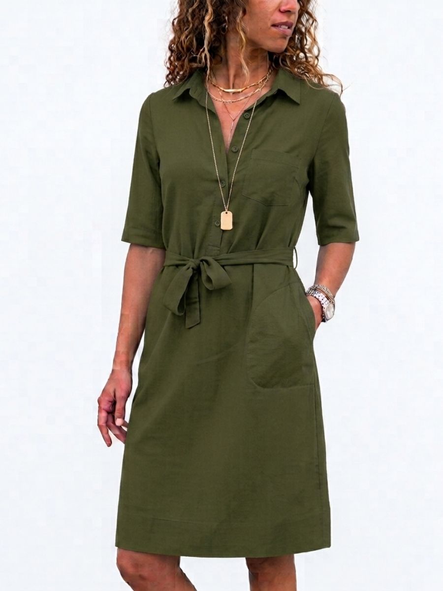Women's Belted Shirt Dress With Pockets-Jivoca