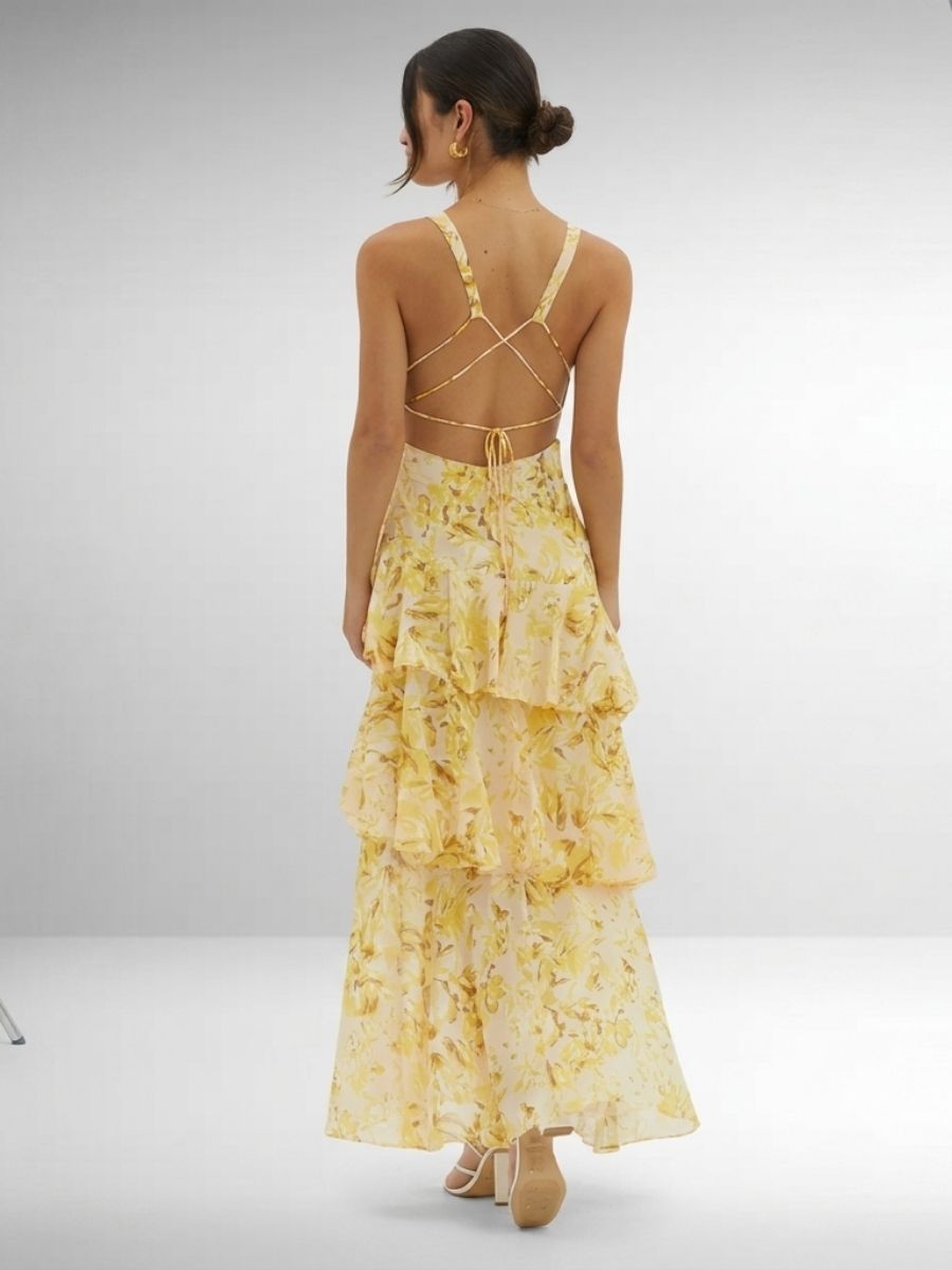 Women's Chiffon Maxi Dress With V-Neck And Tiered Skirt-Jivoca