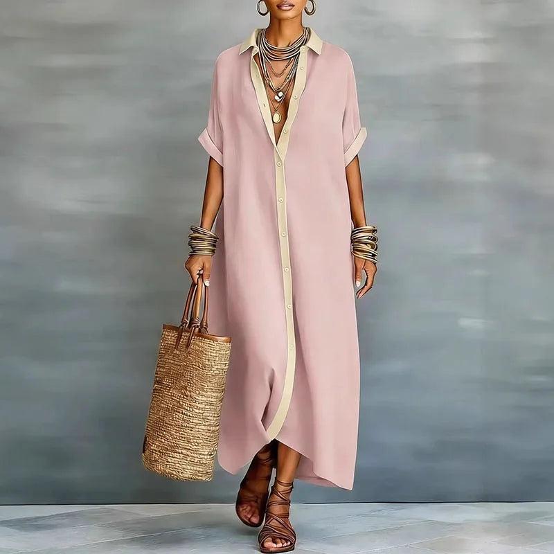Women's Collared Button Front Maxi Shirt Dress-Jivoca
