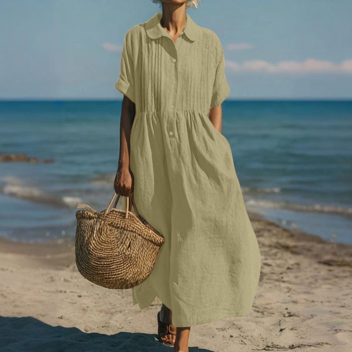 Women's Collared Button Front Midi Dress-Jivoca