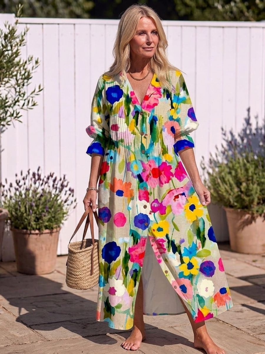 Women's Floral Print Maxi Dress With Pockets-Jivoca