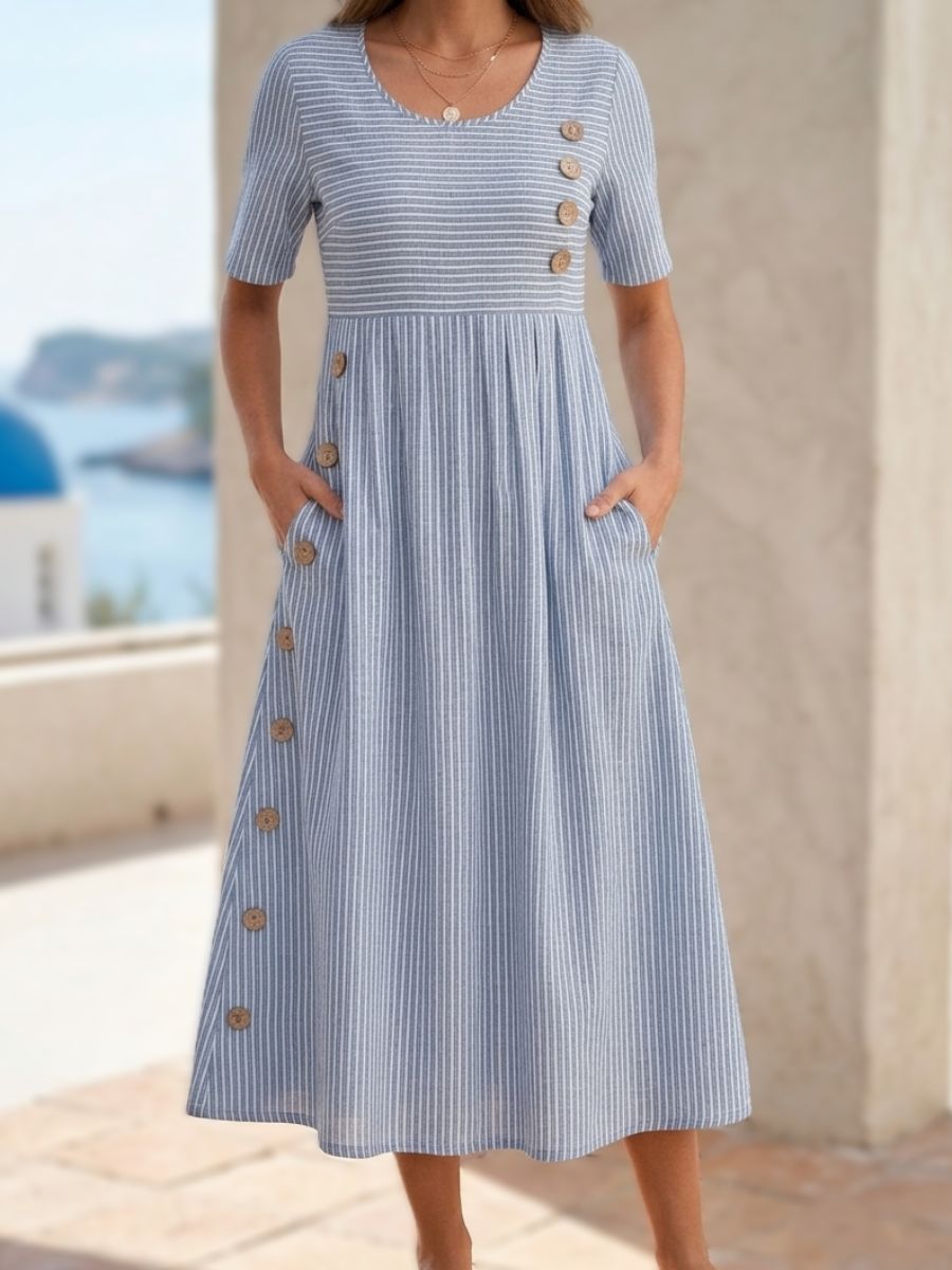 3/4 Sleeves Comfy Casual Striped Crew Neck Midi Dress For Women-Jivoca