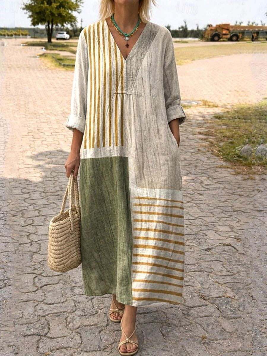 Abstract Pattern Art Print V-neck Long Sleeve Cotton Dress For Women-Jivoca