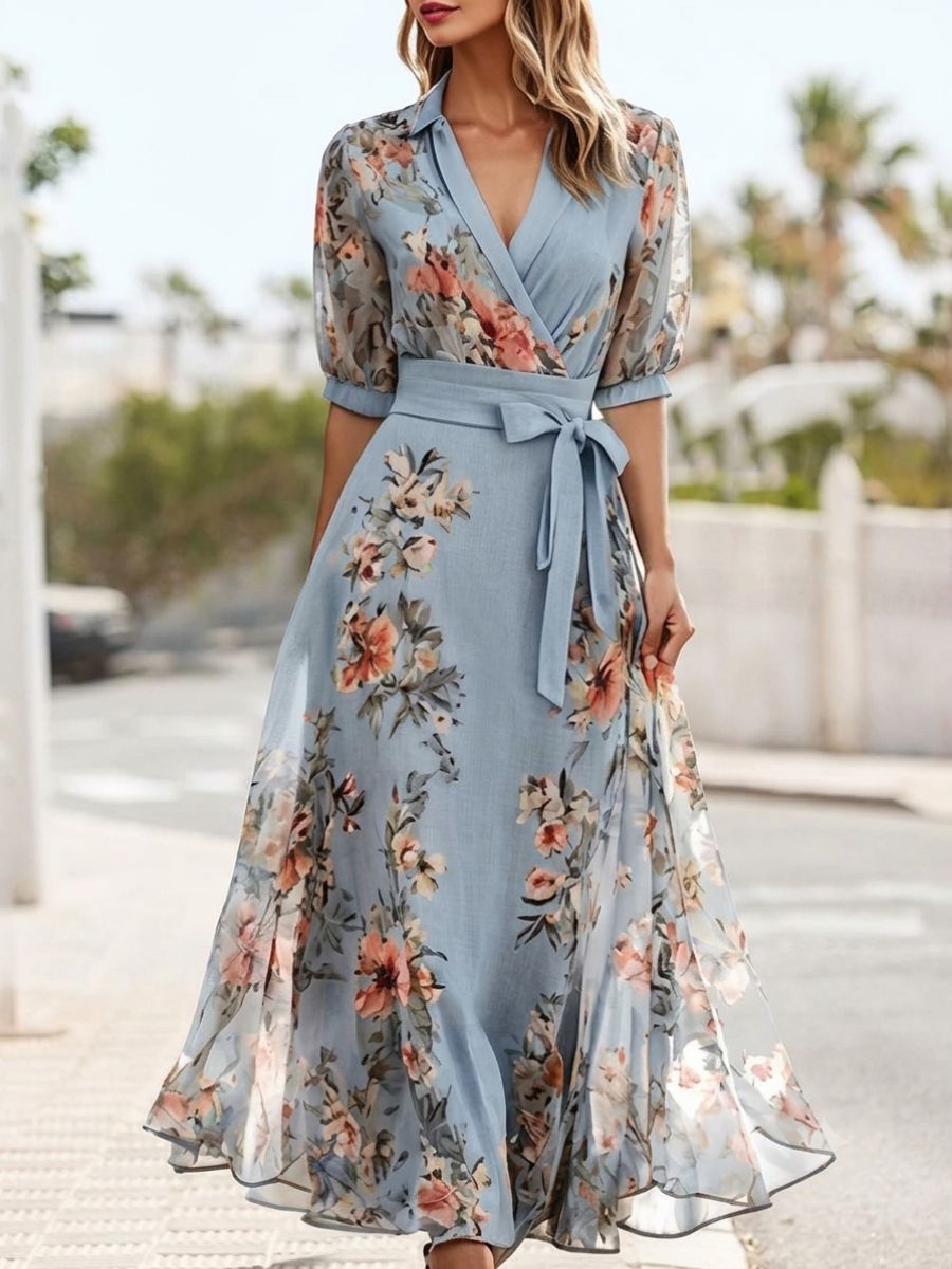 Blue V-Neck Short Sleeve Midi Dress For Women-Jivoca
