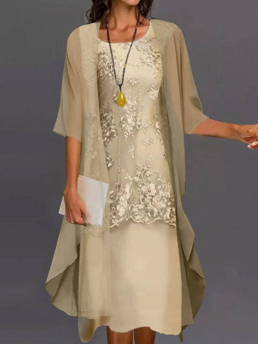 Casual Lace Two-Piece Jacket Midi Dress Set For Women-Jivoca