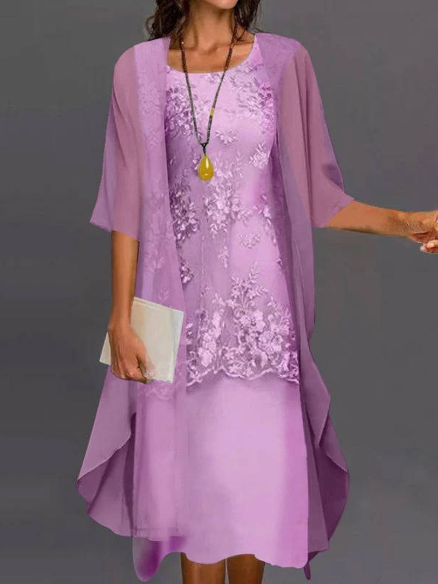Casual Lace Two-Piece Jacket Midi Dress Set For Women-Jivoca