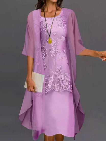 Casual Lace Two-Piece Jacket Midi Dress Set For Women-Jivoca