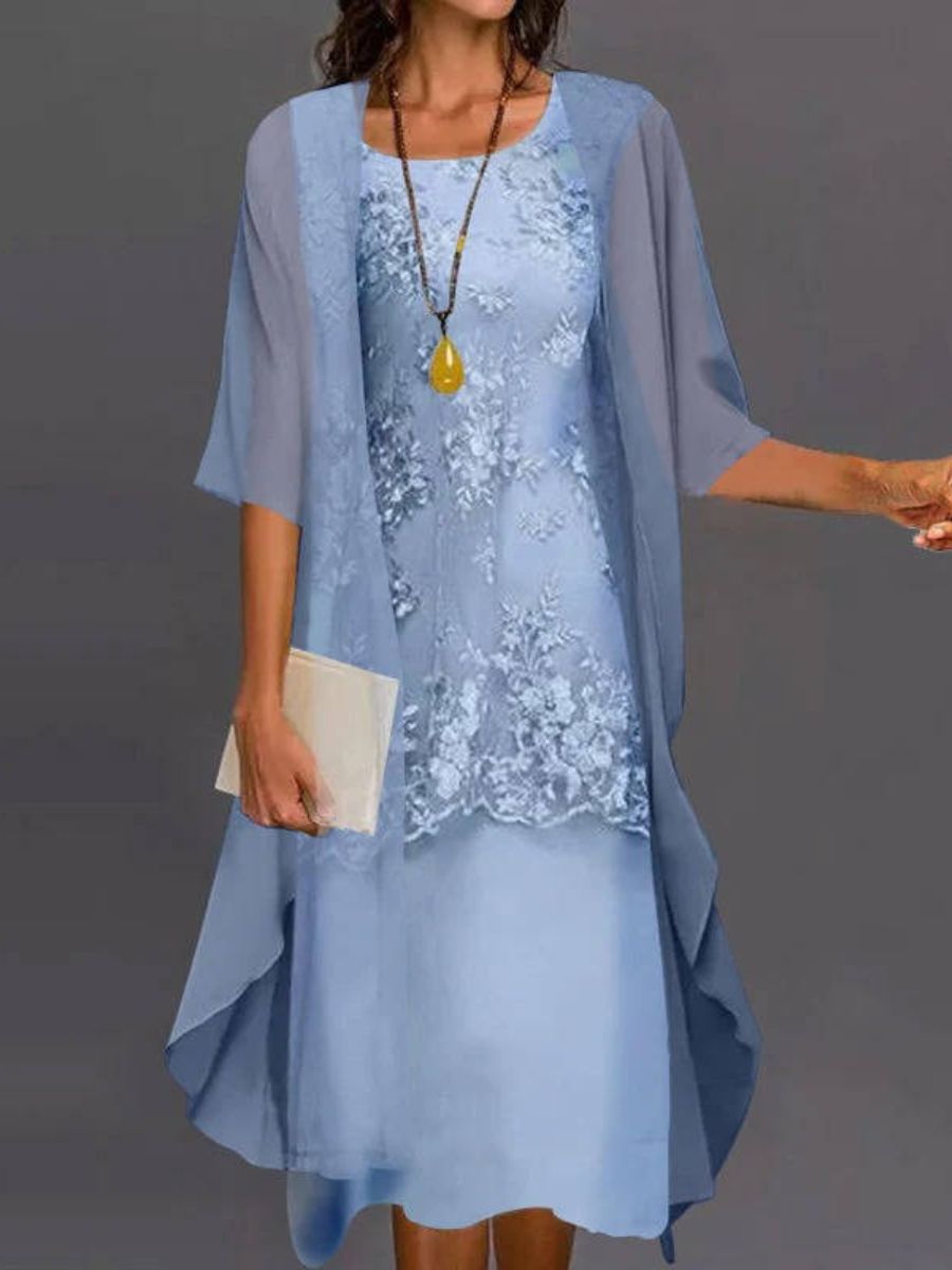 Casual Lace Two-Piece Jacket Midi Dress Set For Women-Jivoca