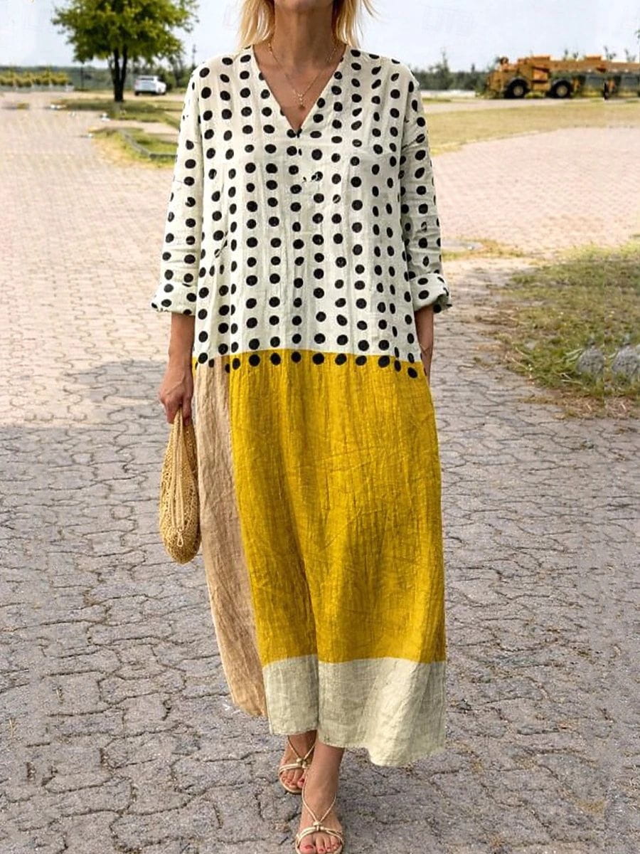 Casual Print V-neck Long Sleeve Dress For Women-Jivoca