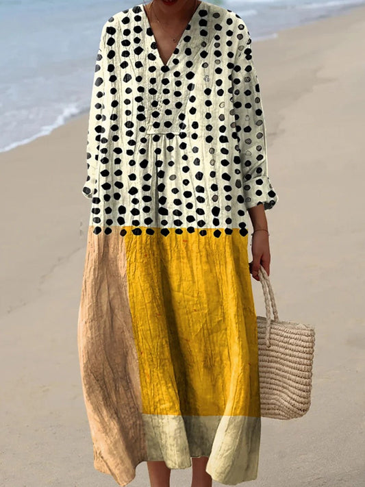 Casual Print V-neck Long Sleeve Dress For Women-Jivoca