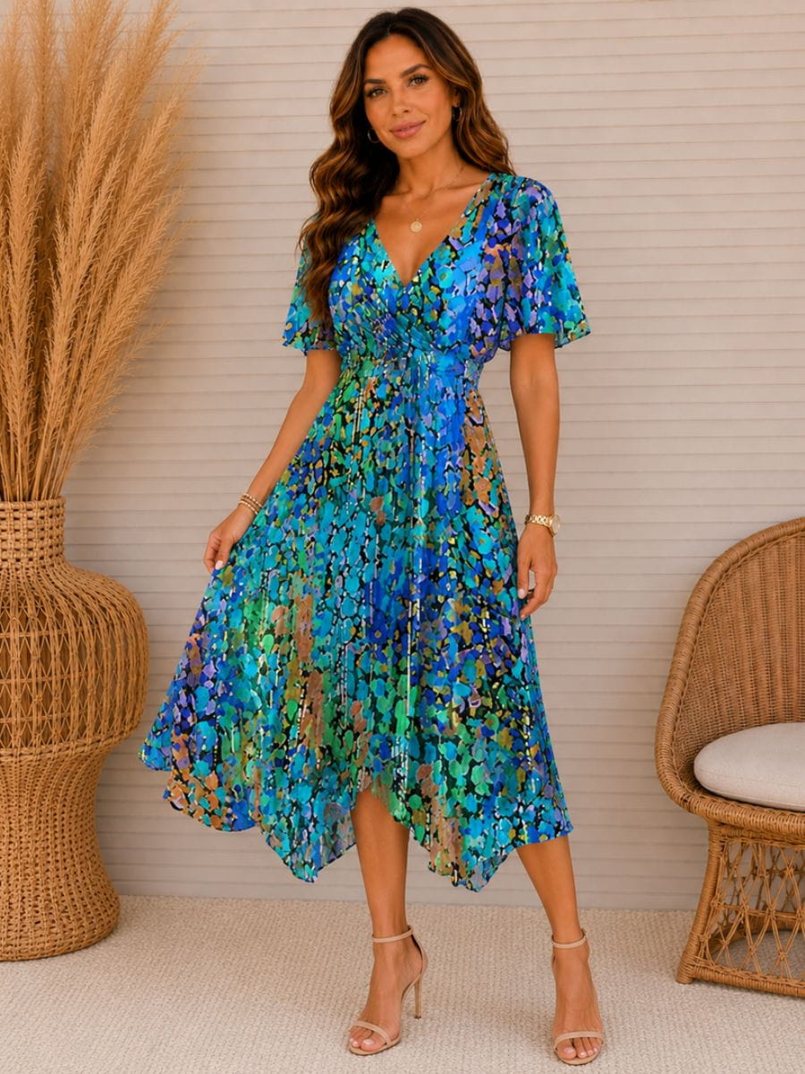 Elegant Blue V-neck Short Sleeve Midi Dress For Women-Jivoca