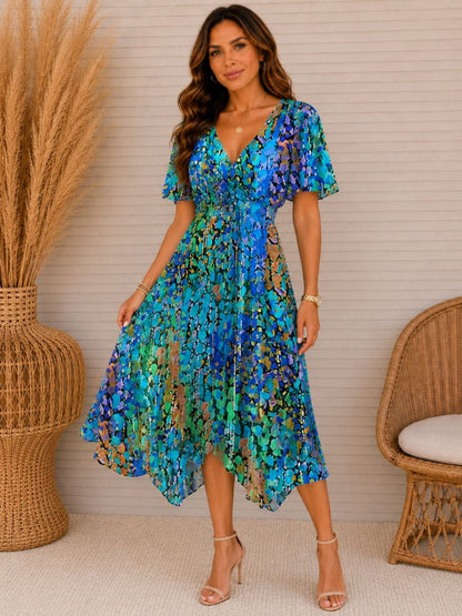 Elegant Blue V-neck Short Sleeve Midi Dress For Women-Jivoca