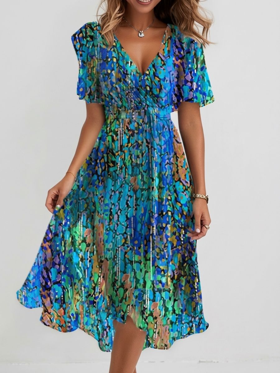 Elegant Blue V-neck Short Sleeve Midi Dress For Women-Jivoca
