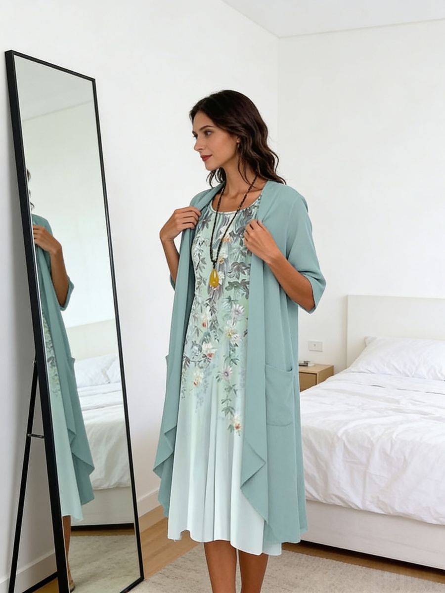 Elegant Floral Round Neck Half Sleeves Two Piece Midi Dress For Women-Jivoca