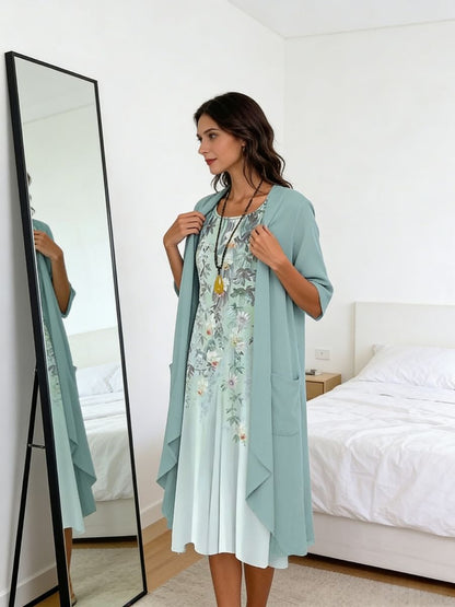 Elegant Floral Round Neck Half Sleeves Two Piece Midi Dress For Women-Jivoca