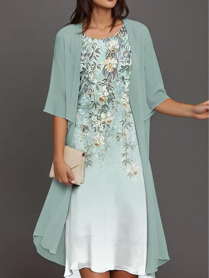 Elegant Floral Round Neck Half Sleeves Two Piece Midi Dress For Women-Jivoca