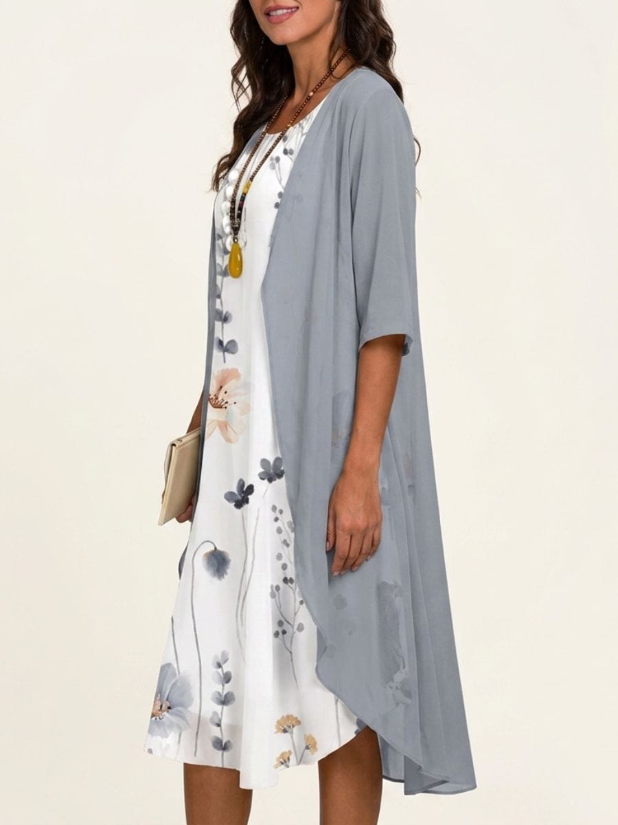 Floral Crew Neck Half Sleeves Two Piece Midi Dress For Women-Jivoca