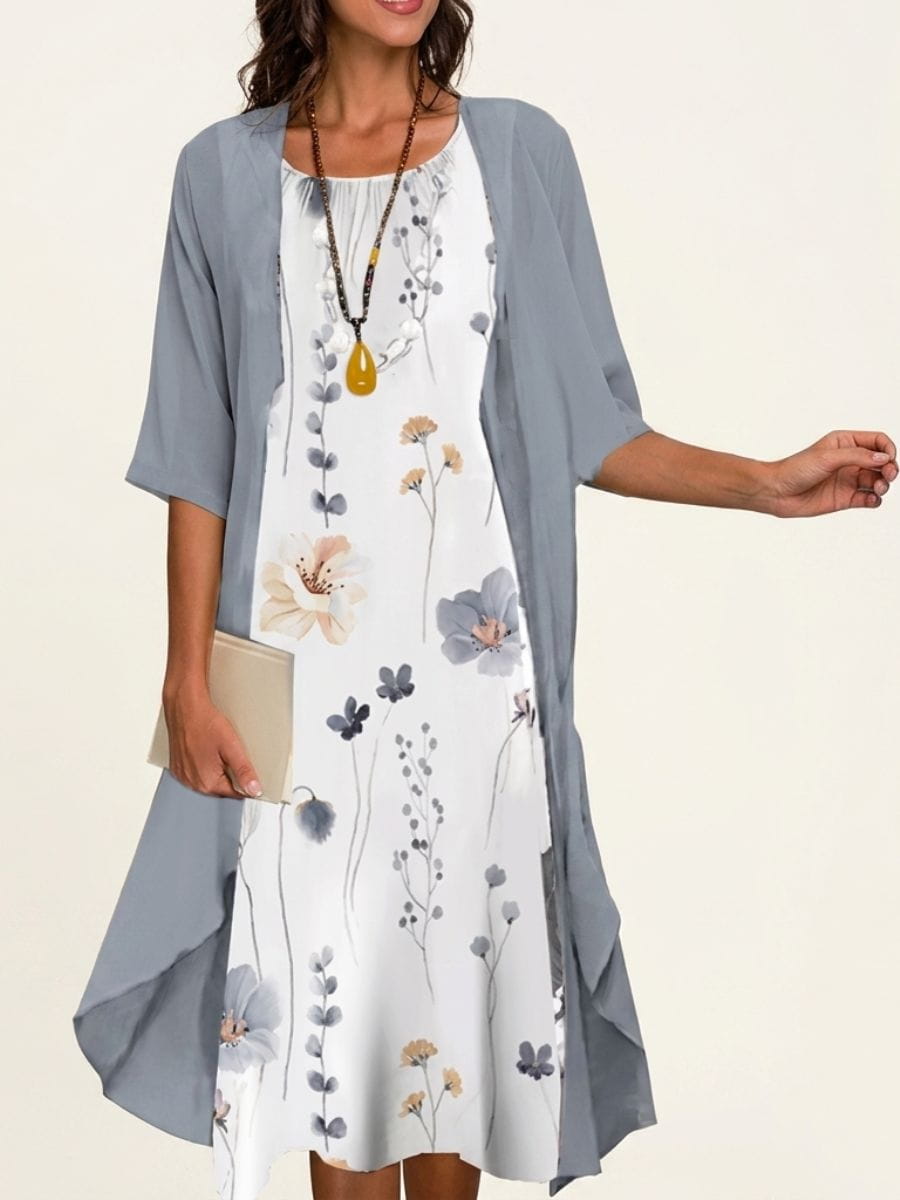 Floral Crew Neck Half Sleeves Two Piece Midi Dress For Women-Jivoca