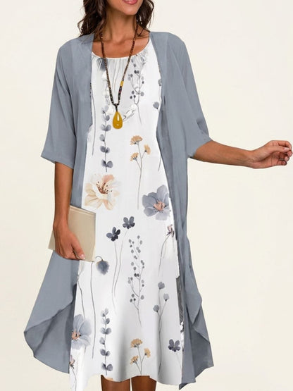 Floral Crew Neck Half Sleeves Two Piece Midi Dress For Women-Jivoca