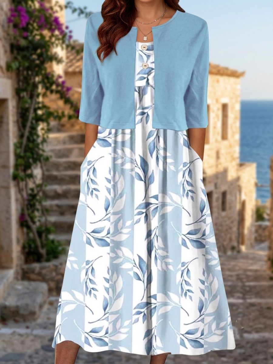Half Sleeve Floral Elegant Two-Piece Midi Dress For Women-Jivoca