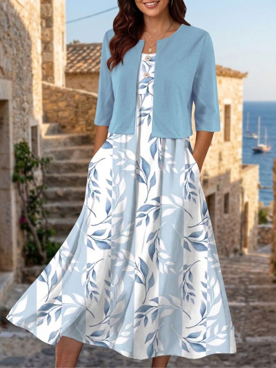 Half Sleeve Floral Elegant Two-Piece Midi Dress For Women-Jivoca