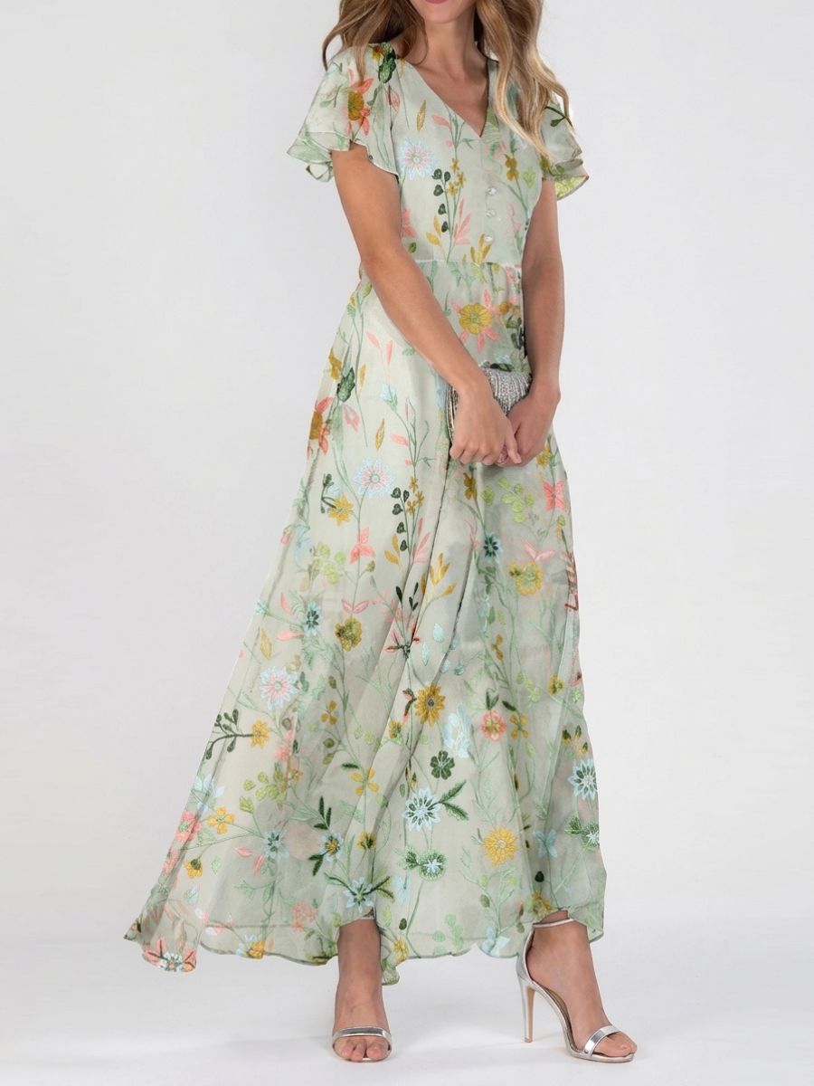 Light Green Floral Ruffle V Neck Maxi Dress For Women-Jivoca