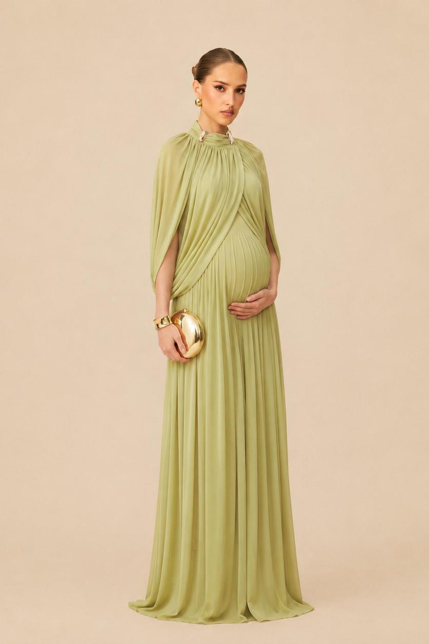Maternity Maxi Dress with Pleated Skirt and Cape Sleeves-Jivoca