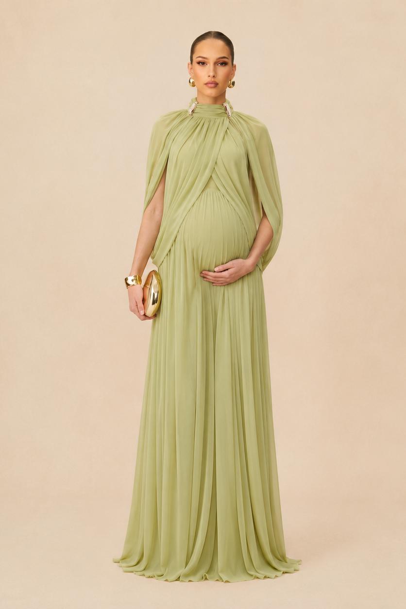 Maternity Maxi Dress with Pleated Skirt and Cape Sleeves-Jivoca