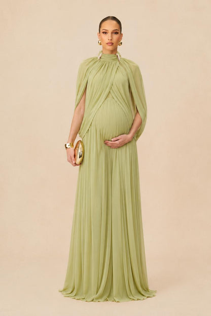 Maternity Maxi Dress with Pleated Skirt and Cape Sleeves-Jivoca