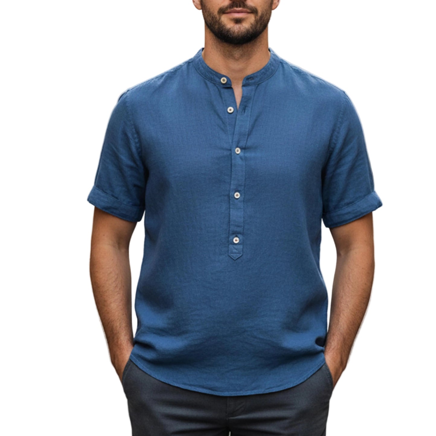 Men's Band Collar Short Sleeve Shirt-Jivoca