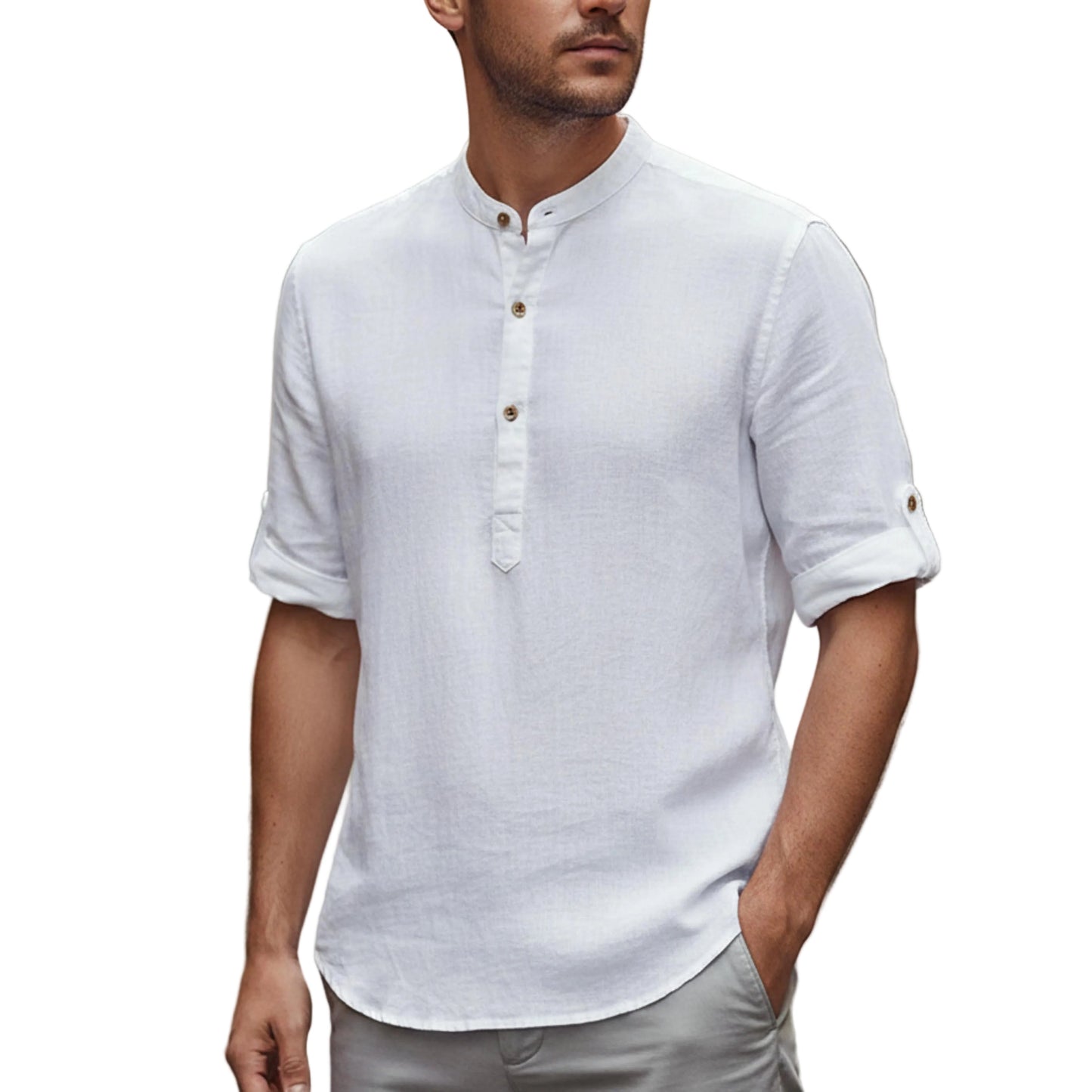 Men's Band Collar Short Sleeve Shirt-Jivoca