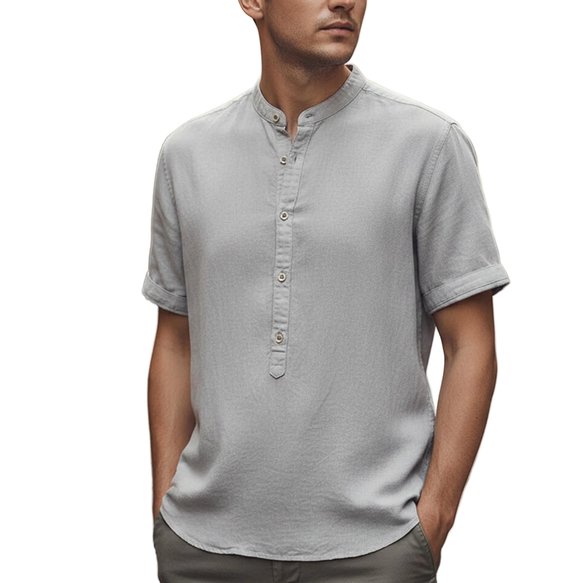 Men's Band Collar Short Sleeve Shirt-Jivoca