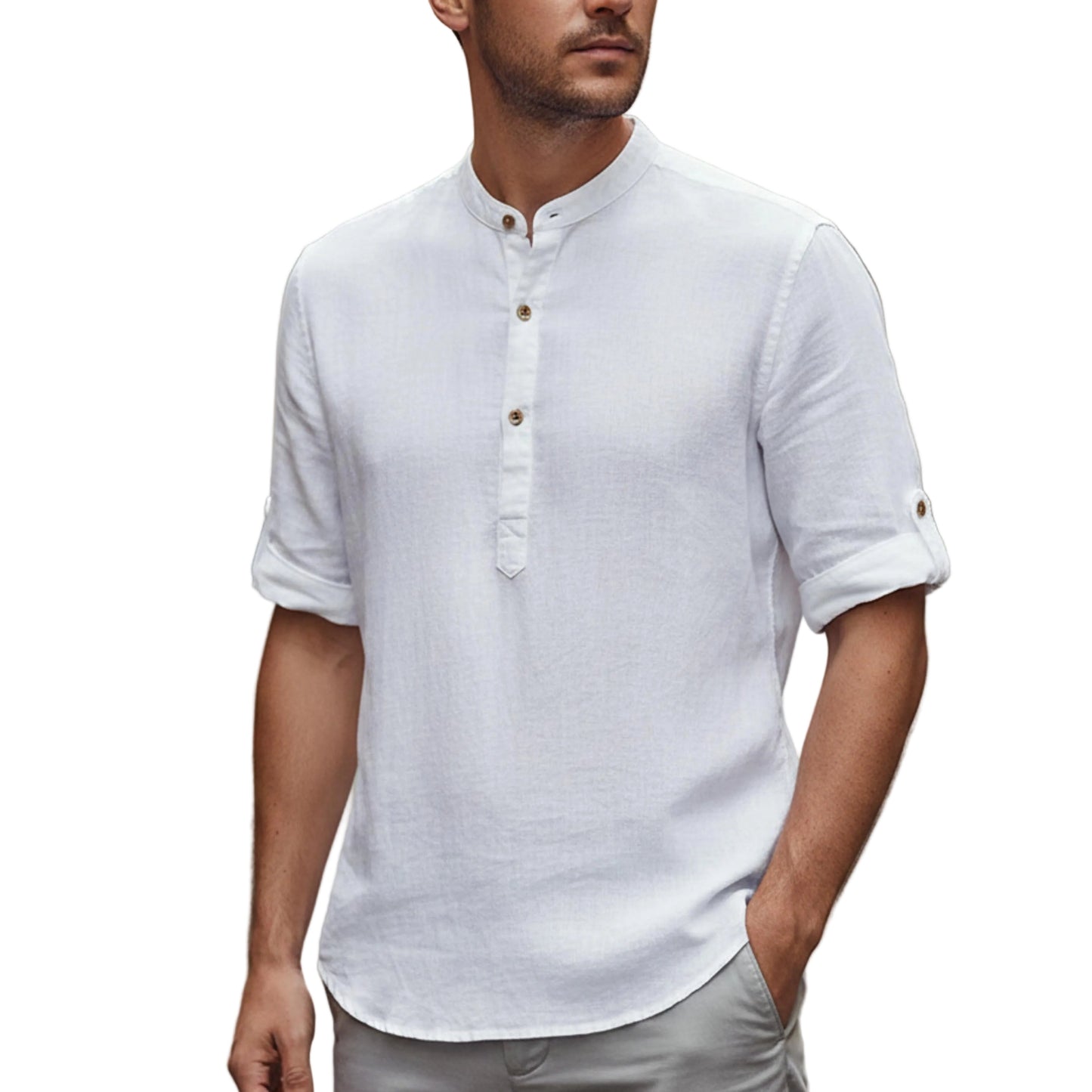 Men's Band Collar Short Sleeve Shirt-Jivoca