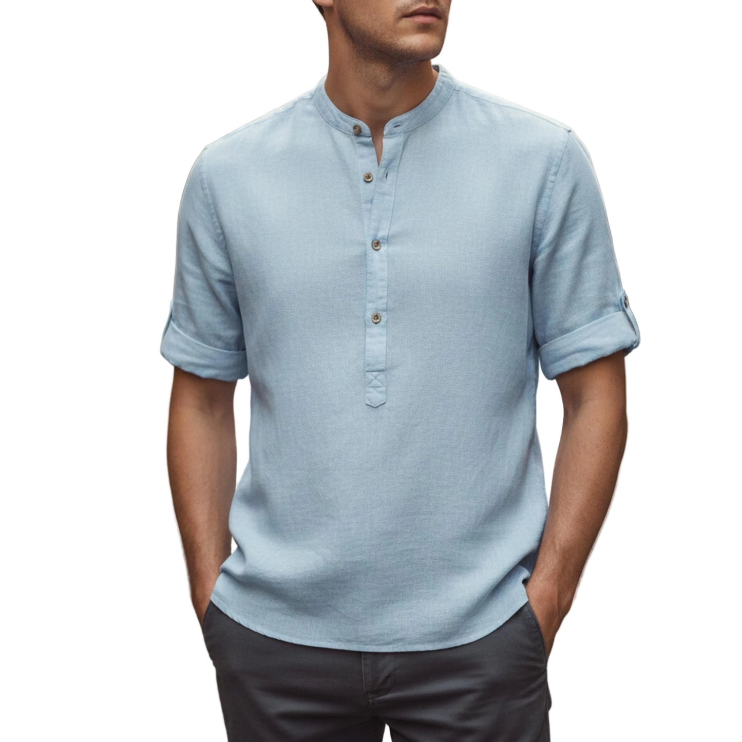 Men's Band Collar Short Sleeve Shirt-Jivoca