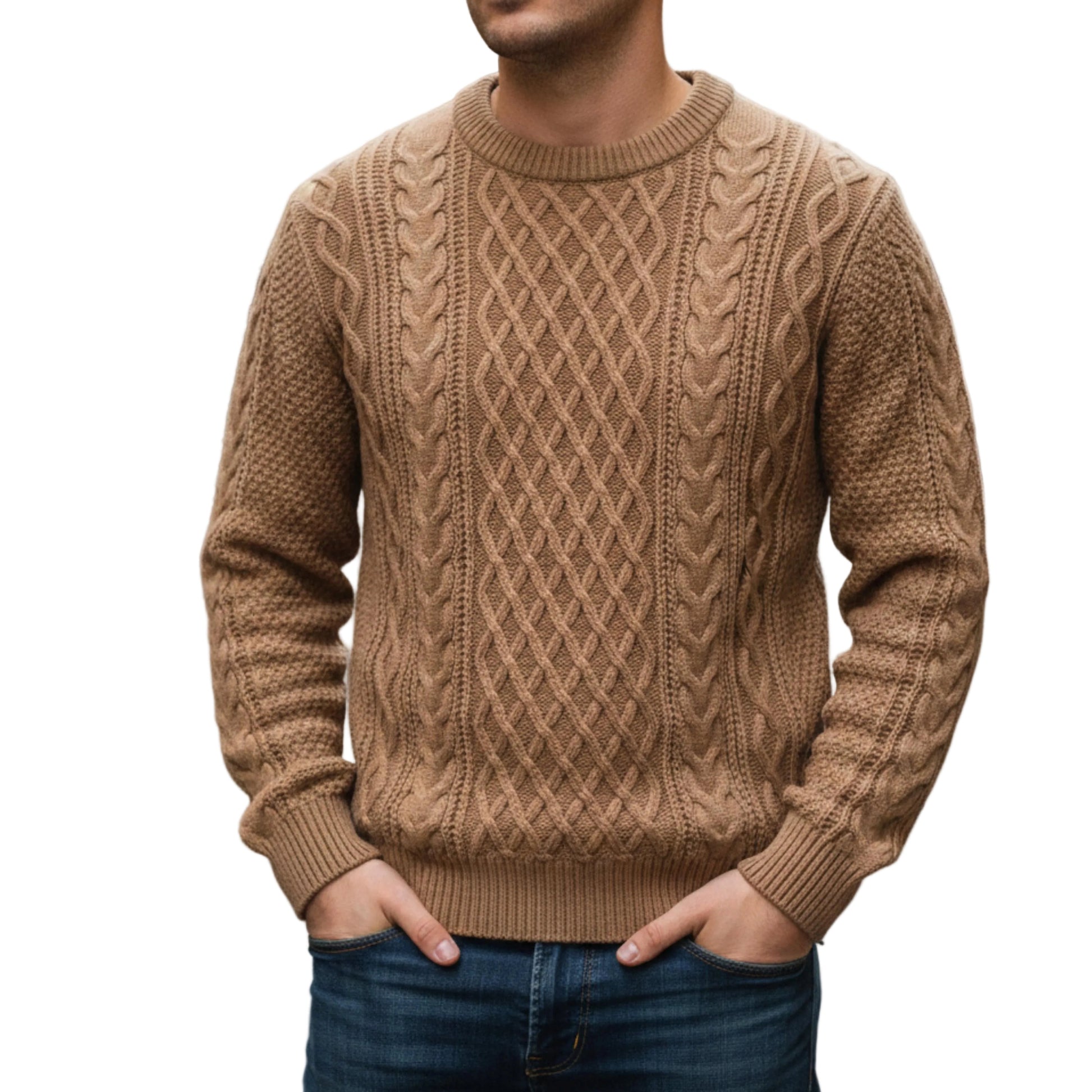 Men's Cable Knit Crew Neck Sweater With Long Sleeves-Jivoca