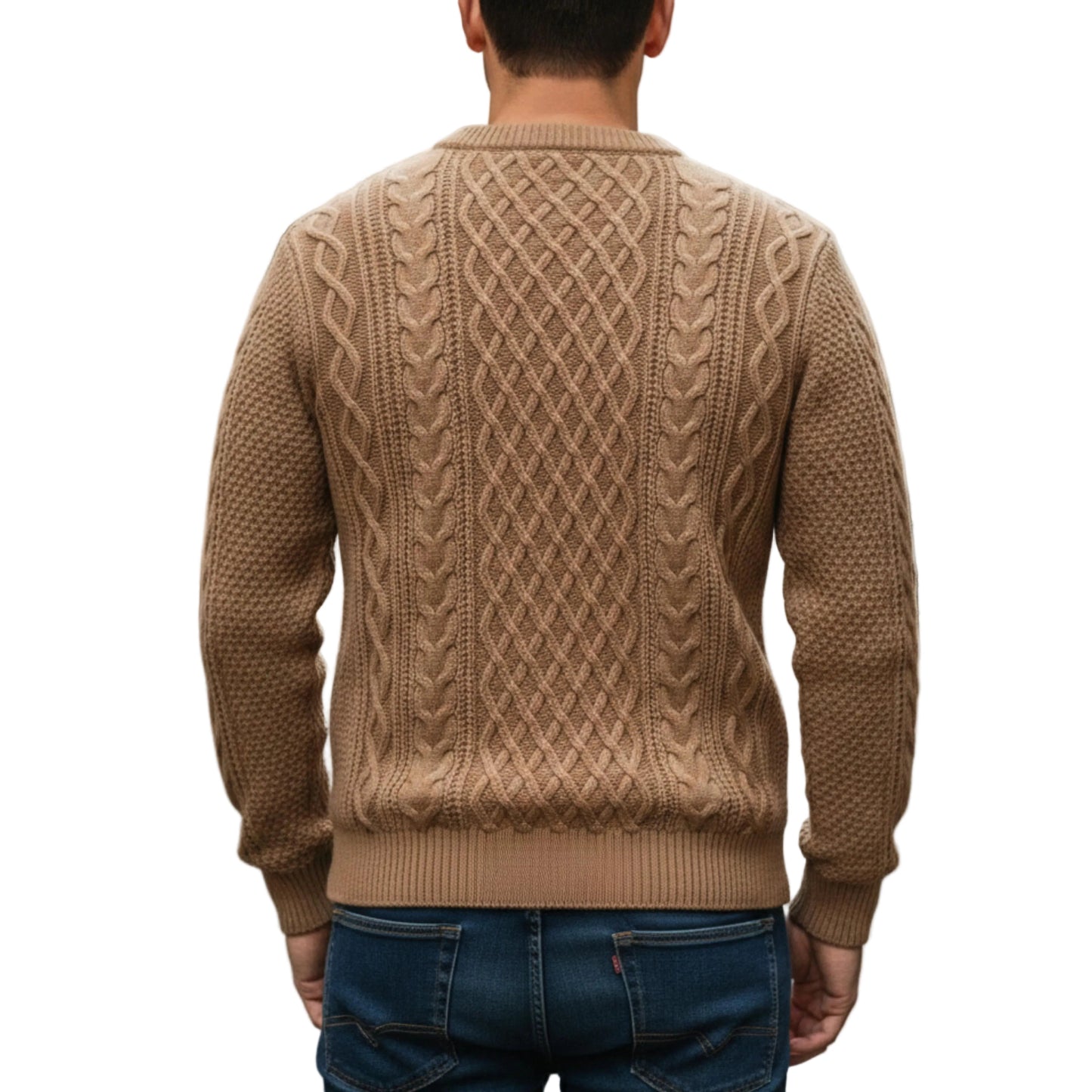 Men's Cable Knit Crew Neck Sweater With Long Sleeves-Jivoca