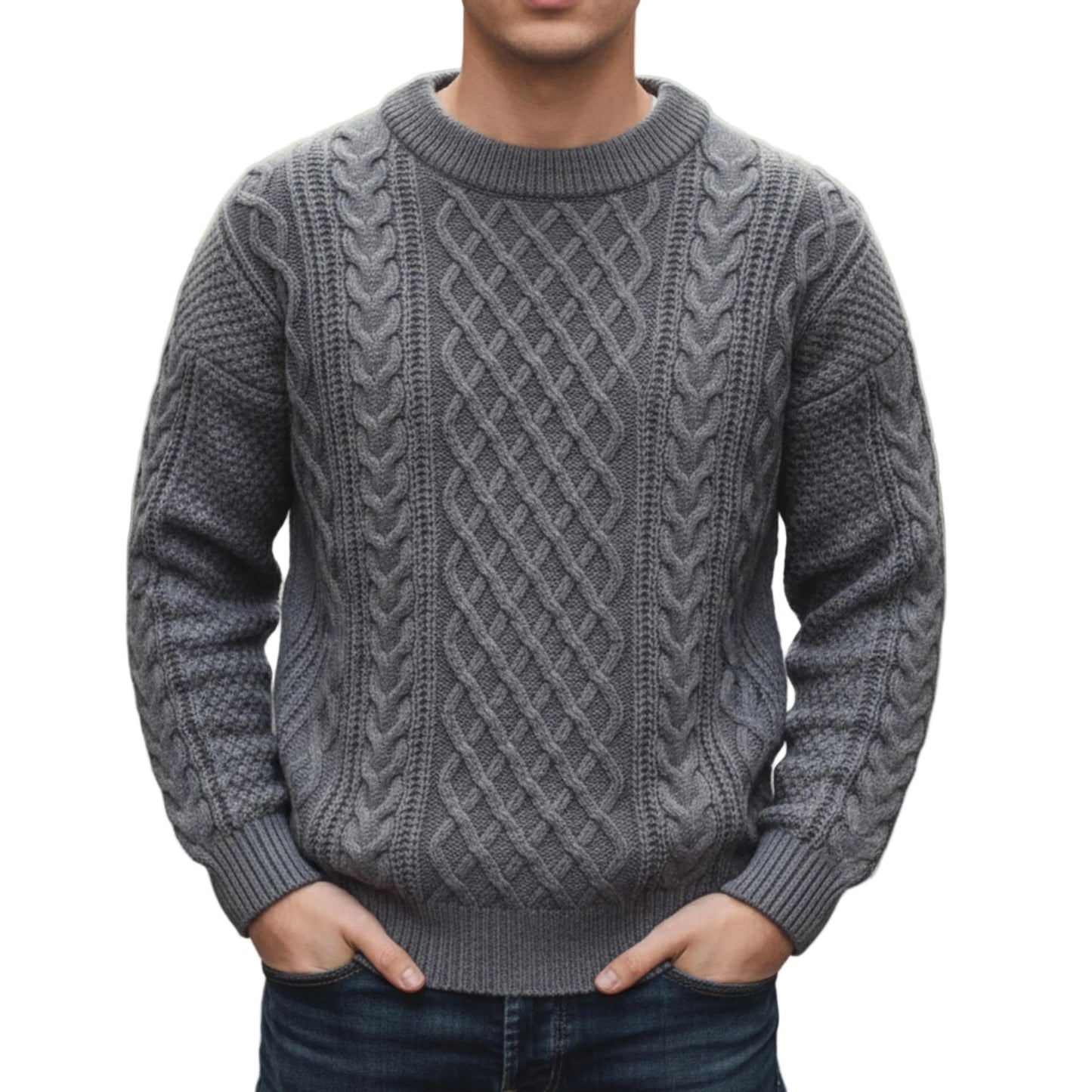 Men's Cable Knit Crew Neck Sweater With Long Sleeves-Jivoca