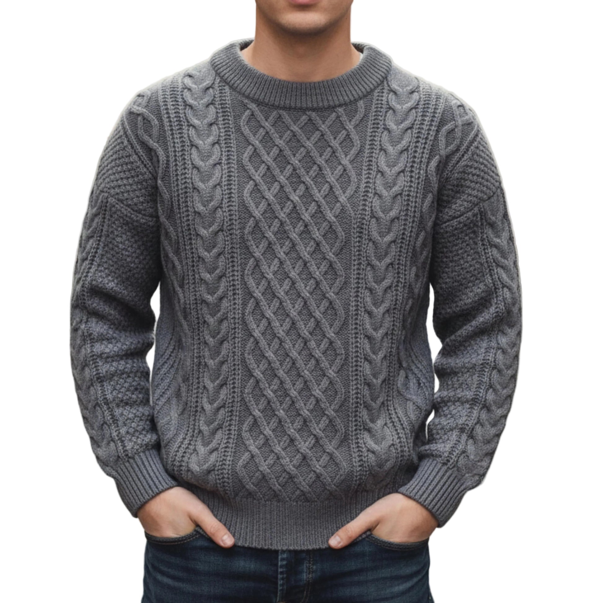 Men's Cable Knit Crew Neck Sweater With Long Sleeves-Jivoca
