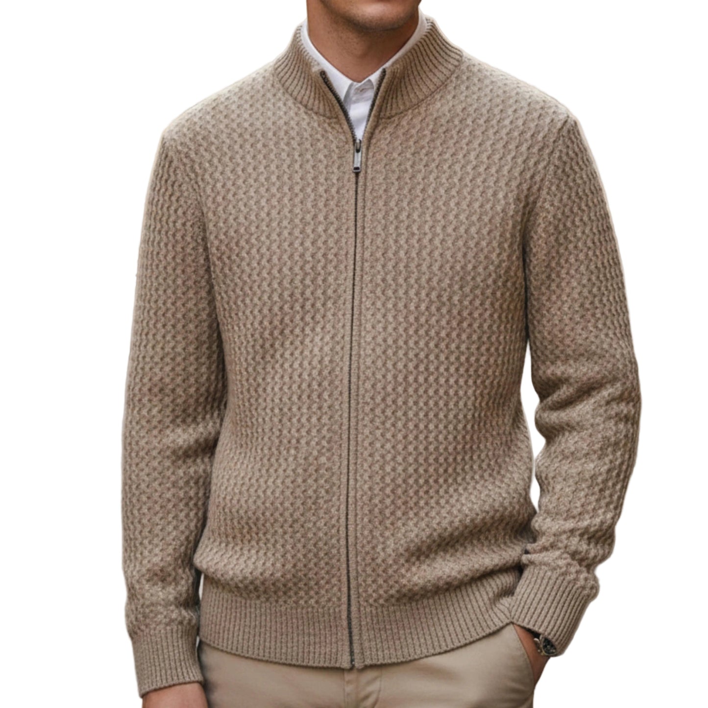 Men's Cable Knit Zip Up Sweater With Stand Collar And Full Zip Closure-Jivoca