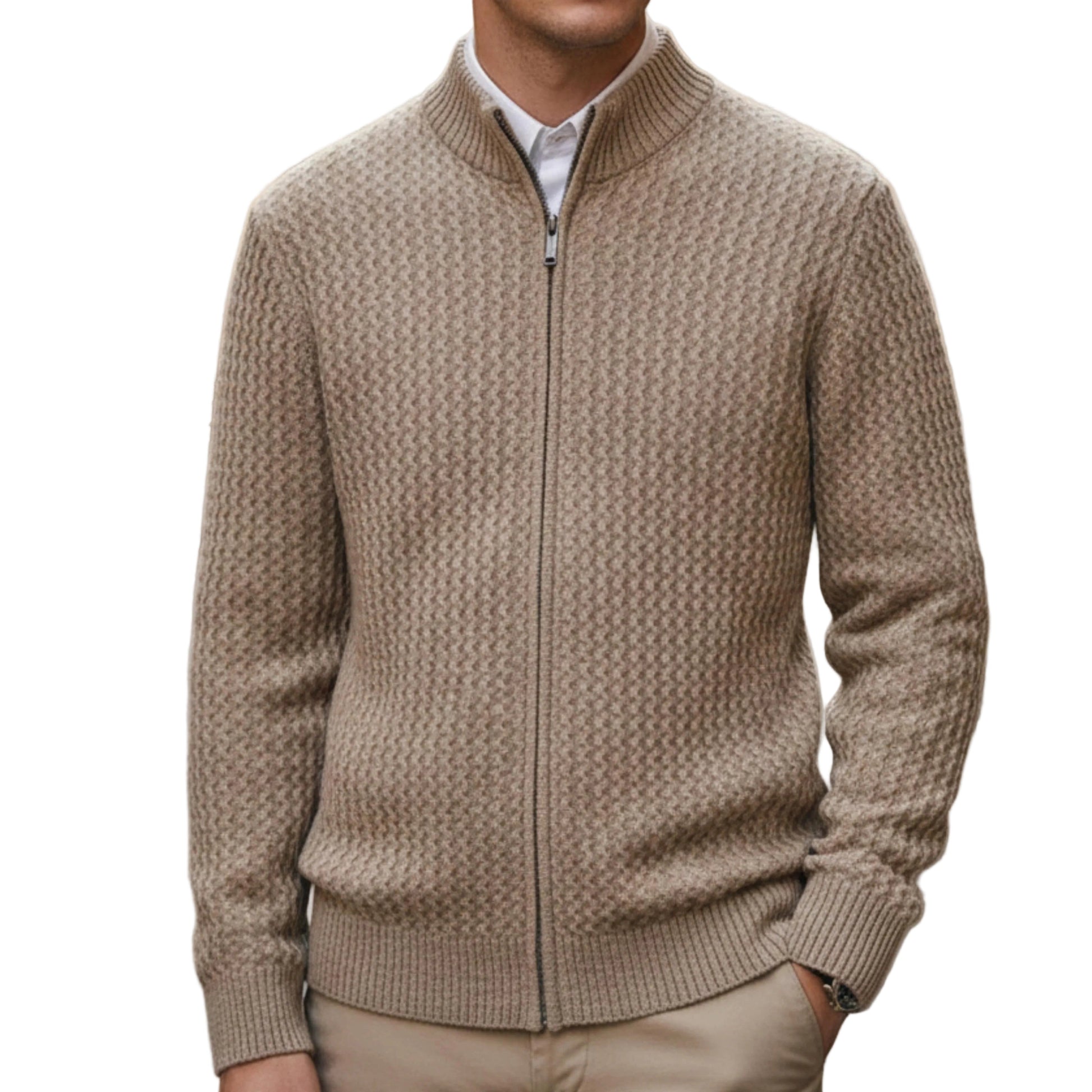 Men's Cable Knit Zip Up Sweater With Stand Collar And Full Zip Closure-Jivoca