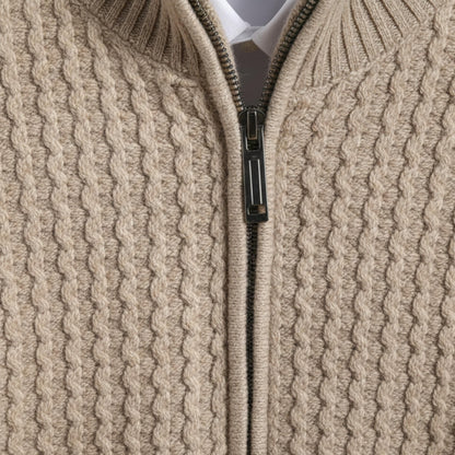 Men's Cable Knit Zip Up Sweater With Stand Collar And Full Zip Closure-Jivoca