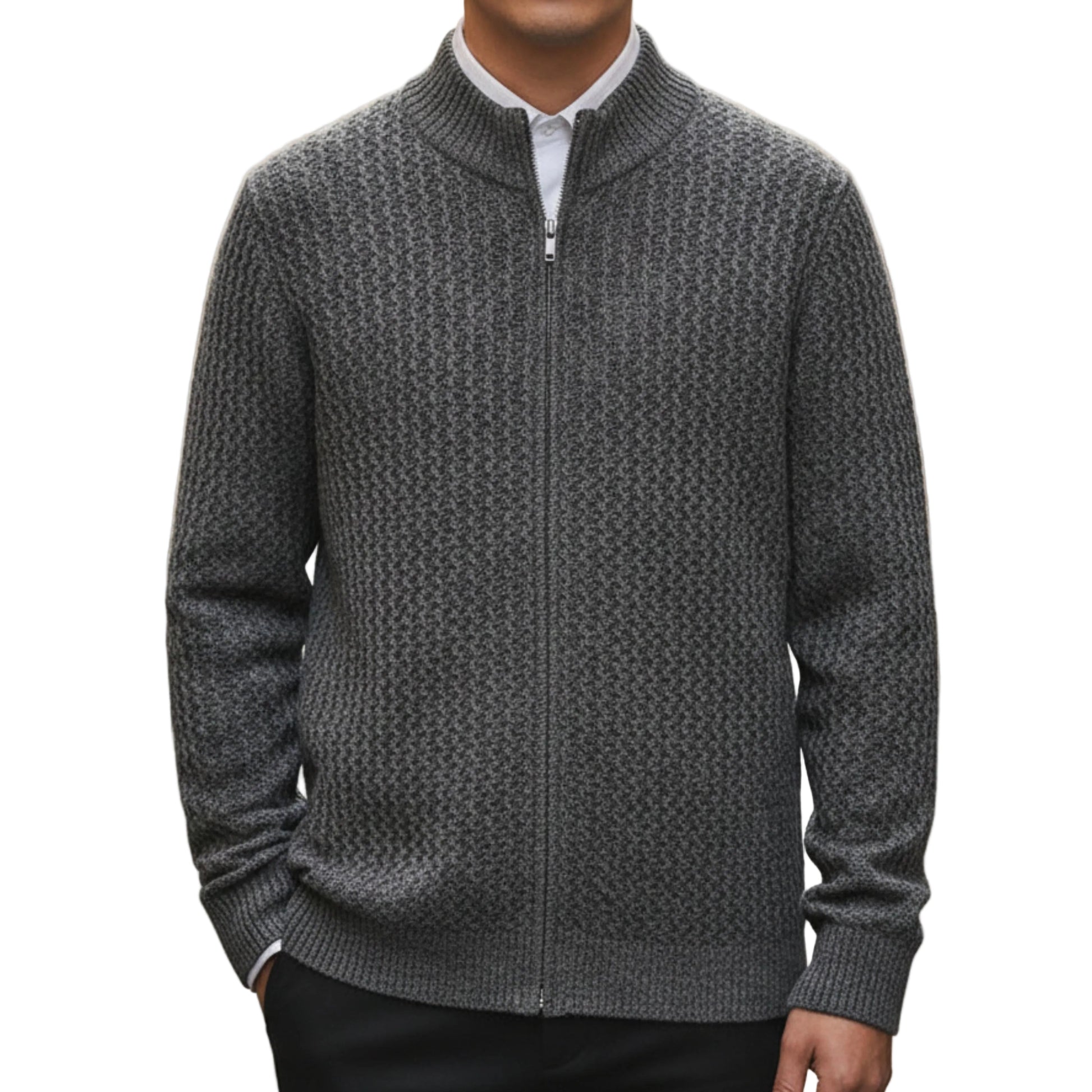 Men's Cable Knit Zip Up Sweater With Stand Collar And Full Zip Closure-Jivoca
