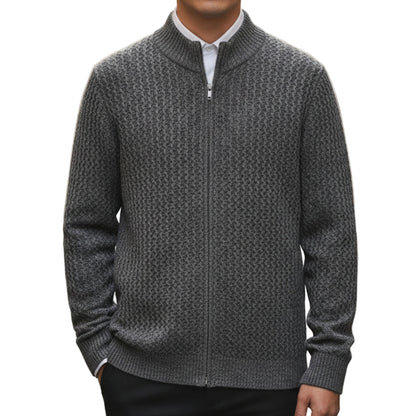 Men's Cable Knit Zip Up Sweater With Stand Collar And Full Zip Closure-Jivoca