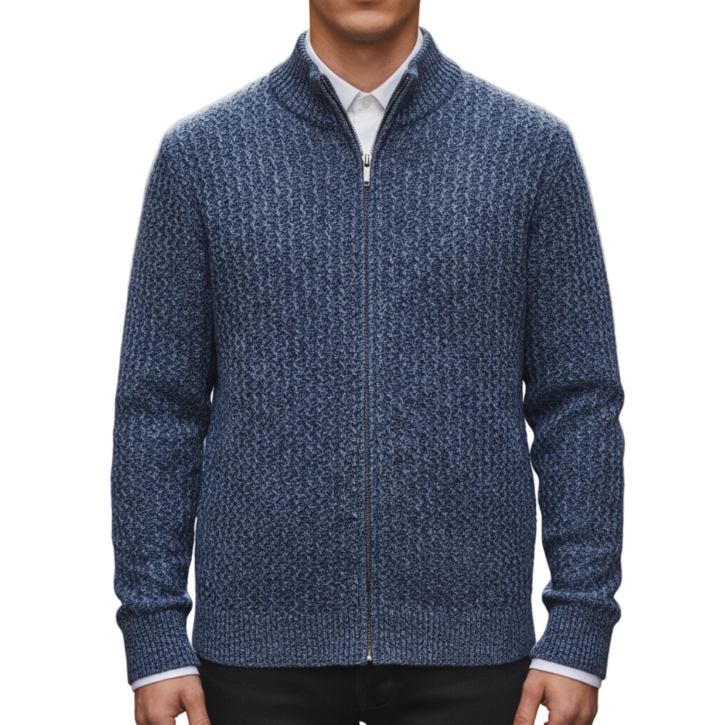 Men's Cable Knit Zip Up Sweater With Stand Collar And Full Zip Closure-Jivoca