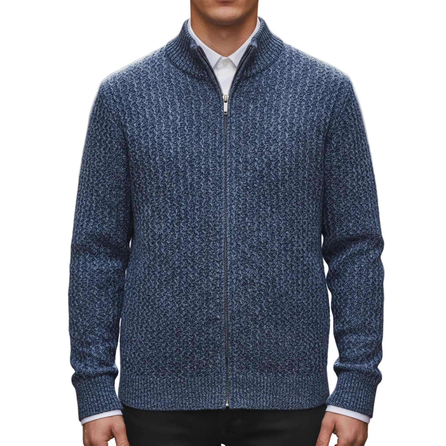 Men's Cable Knit Zip Up Sweater With Stand Collar And Full Zip Closure-Jivoca